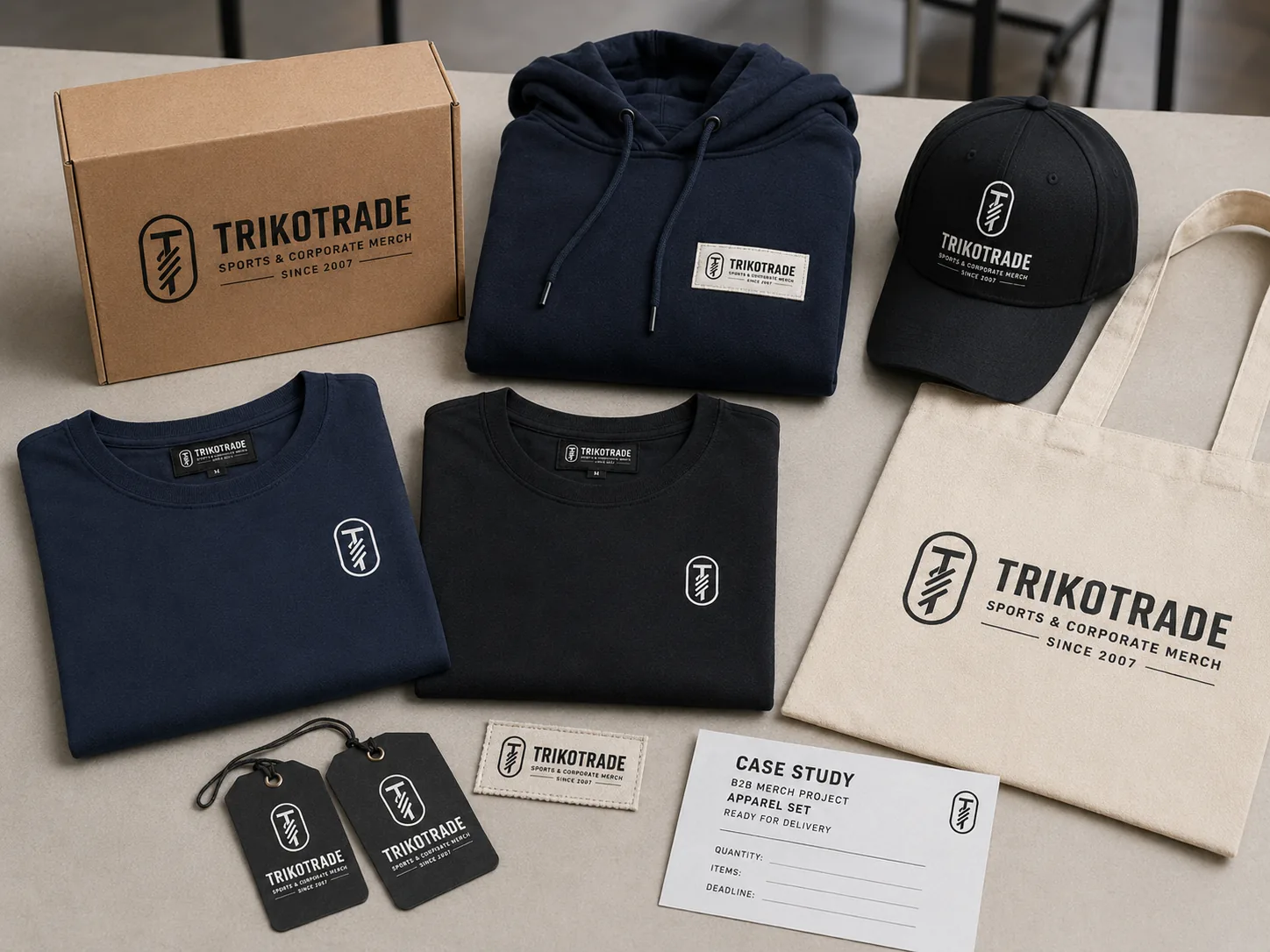 Нейтральний кейс мерч-проєкту TRIKOTRADE з одягом, бірками, коробкою і карткою case study