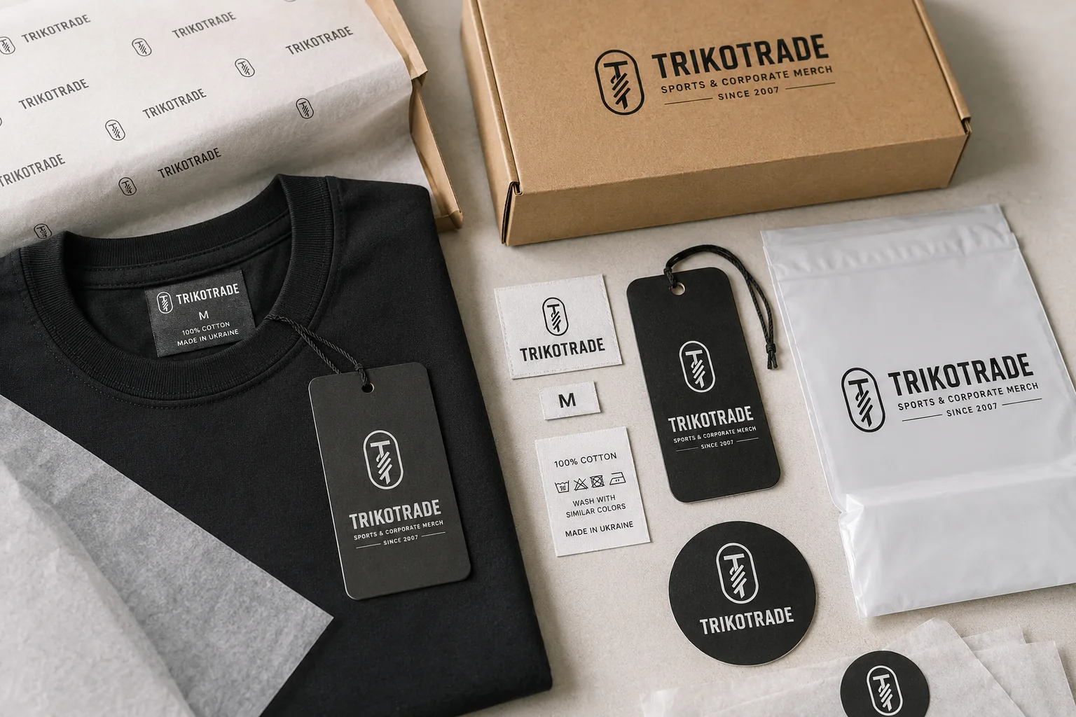 Система пакування TRIKOTRADE з бірками, етикетками, крафтовою коробкою та polybag