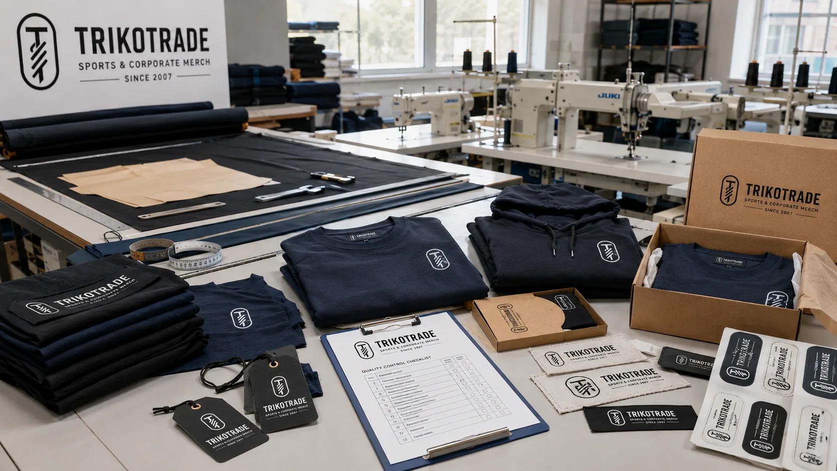 Виробничий процес TRIKOTRADE у майстерні з одягом, лекалами та пакуванням