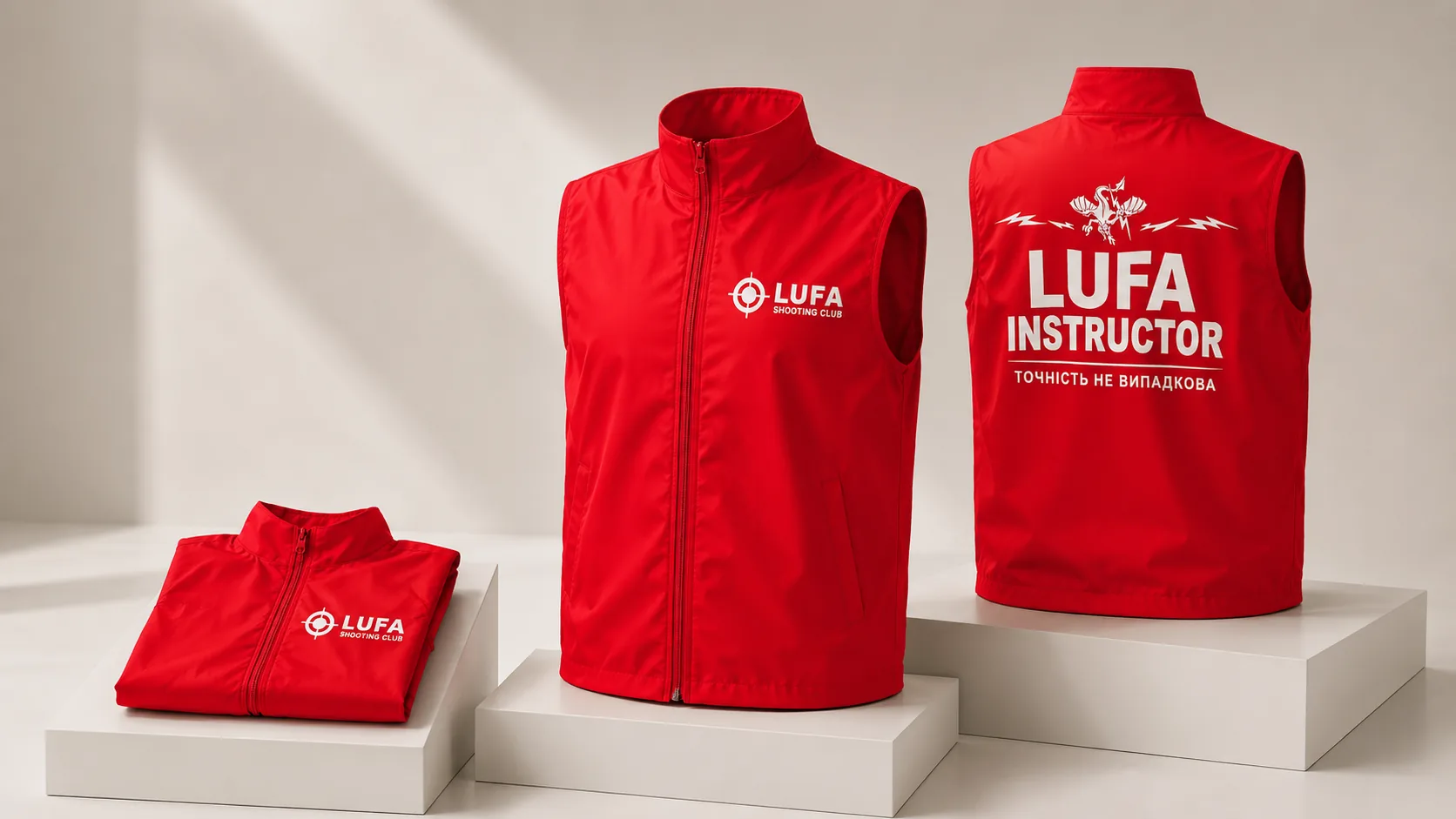 Червоні інструкторські жилети LUFA Shooting Club з нанесенням спереду і на спині